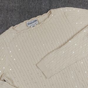 Pendleton Cable Knit Pullover Sweater Womens S Ivory Silk Cashmere Blend Sequins